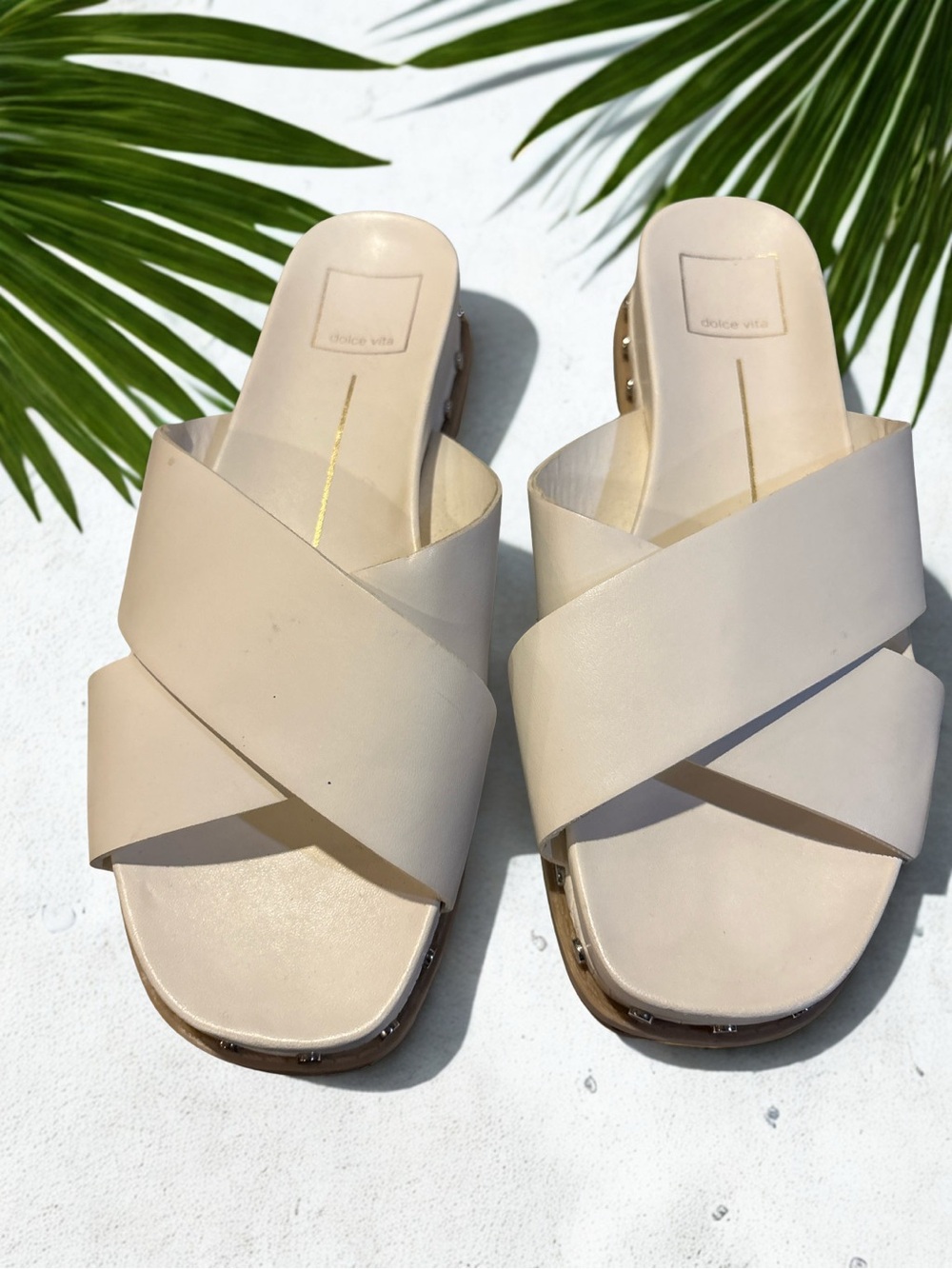 Dolce Vita Ivory Crisscross Studded Slide Sandal Women’s Slides